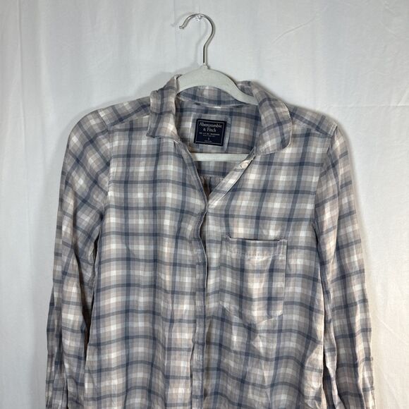 Abercrombie & Fitch Tan & Blue Plaid Button Up Shirt Women’s Size SMALL Preowned - Picture 2 of 16